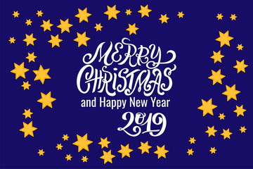 Christmas Star Frame golden stars on dark night sky with hand drawn lettering Merry Christmas for designing greeting card, holiday poster, banner, celebration invitation. Stars are in flat style.