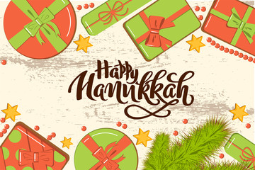 Flat lay christmas mockup with fir branches, bright gift boxes with bow, beads and stars on wooden background with hand drawn lettering. Template for Hanukkah greeting card, invitation, poster, banner