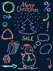 Crayon christmas symbol like child drawing funny doodle bright color design element on blackboard. Sketch style vector set. Pencil, pastel, chalk kid hand drawn snowman, tree, gift box, frame, bubble