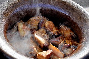 meat cooked according to old recipes in a cast-iron cauldron