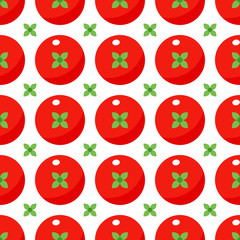 Tomatoes seamless pattern in flat style on a white background. Vector illustration. Vegetable top view ornament for wallpapers, printing, surface textures, textiles.