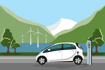 Electric car with charging station.  Vector illustration EPS 10