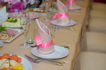 Cold dishes and snacks on the festive table. A rich luxurious meal in the restaurant. 