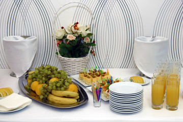 Cold dishes and snacks on the festive table. A rich luxurious meal in the restaurant. 
