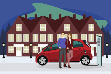 Man and woman charges an electric car at a charging station. Vector illustration EPS 10