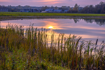 Sunset over the rural lake. Idyllic landscape of peaceful nature.