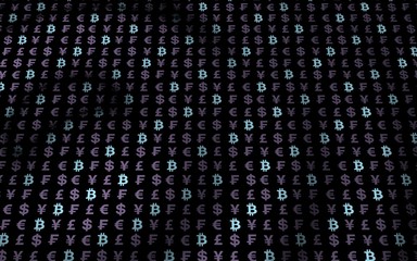 Bitcoin and currency on a dark background. Digital Cryptocurrency symbol. Wave effect, currency market fluctuations. Business concept. 3D illustration