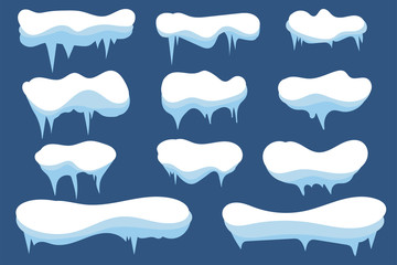 Set of snow icicles. Snow caps. Winter design.Snowdrifts