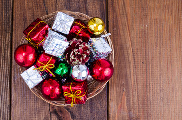 Christmas decorations on wooden background