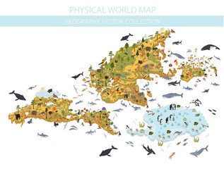 Isometric world flora and fauna map constructor elements. Animals, birds and sea life isolated big set. Build your own geography infographics collection