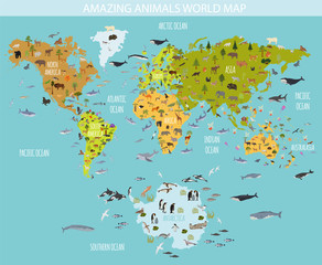 Flat world flora and fauna map constructor elements. Animals, birds and sea life isolated big set. Build your own geography infographics collection.