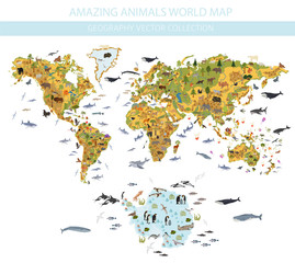Flat world flora and fauna map constructor elements. Animals, birds and sea life isolated big set. Build your own geography infographics collection