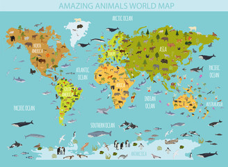 Platte wereld flora en fauna kaart constructor elementen. Dieren, vogels en zeeleven geïsoleerd grote set. Bouw uw eigen verzameling geografische infographics.