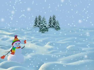Festive Christmas and New year background with happy smiling snowman in striped knitted bright hat, scarf and red mittens. Winter landscape with snowdrifts, snowfall, snowy fir trees on backdrop
