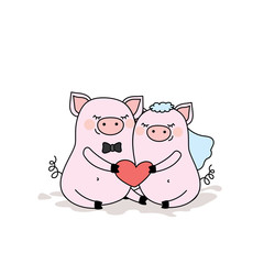 Couple of pigs in love,two cute animals with heart,isolated on white background