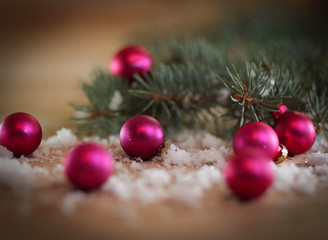 Christmas background.Christmas balls on a wooden table