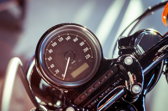 Control panel on modern motorbike close up