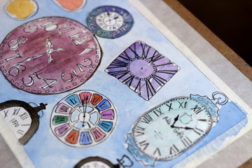 Fototapeta na wymiar Sketch with many different clocks