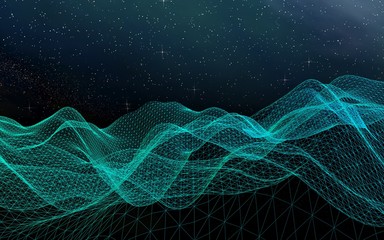 Abstract landscape on a dark background. Cyberspace grid. Hi-tech network. Outer space. Starry outer space texture. 3D illustration