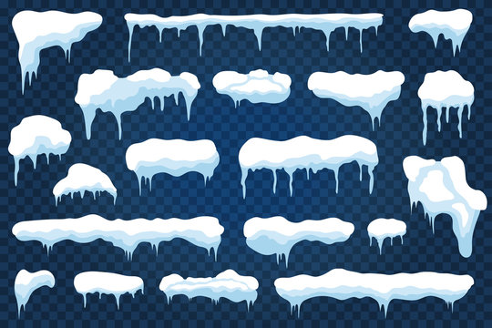 Vector snow caps, snowdrifts and snowflakes with icicles. Winter snowy frames with ice