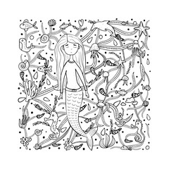 Mermaid and sea set. Vector illustration.