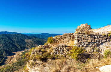 View of the ruins of the castle of Siuran, Tarragona, Catalunya, Spain. Copy space for text.