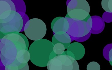 Multicolored translucent circles on a dark background. Green tones. 3D illustration