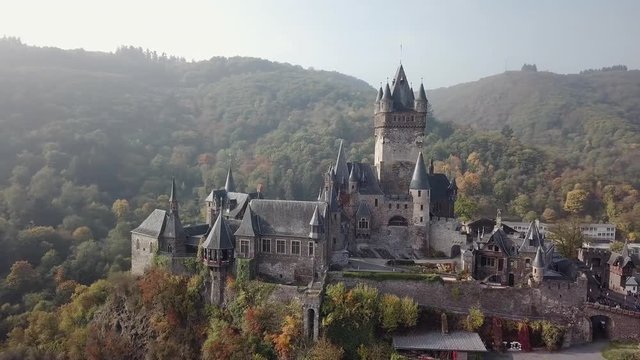 Cochem castle (Germany) and Mosel river aerial view.