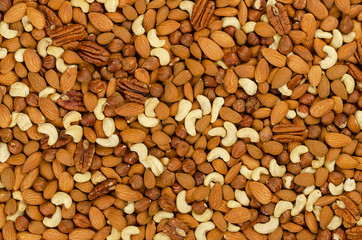 Mixed nuts, surface and background. Snack mix of dried almonds, cashews, hazelnuts and pecans....