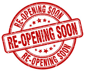 re-opening soon red grunge round vintage rubber stamp