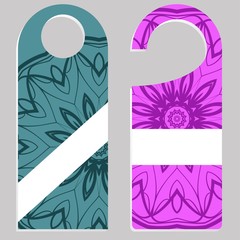 Door hanger flyer with floral mandala pattern for room in hotel, resort, home isolated on white background. Vector illustration.
