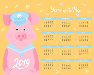 Calendar for 2019 from Sunday to Saturday. Cute pig in a sailor suit visor and collar. Funny animal. The symbol of the Chinese New Year.