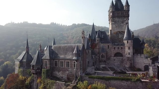 Cochem castle (Germany) and Mosel river aerial view.