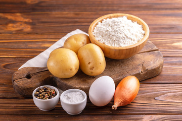 Ingredients for traditional potato pancakes or latke Hanukkah celebration