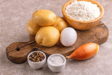 Ingredients for traditional potato pancakes or latke Hanukkah celebration