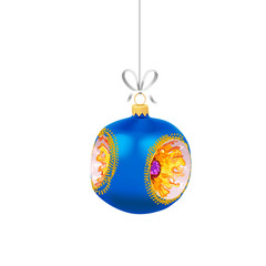 Christmas blue glass ball with with gold ornaments and ribbon isolated on white background. Traditional New Year tree decoration. Symbol of winter holidays.