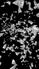 Flying dollars banknotes isolated on dark background. Money is flying in the air. 100 US banknotes new sample. Black and white style. 3D illustration