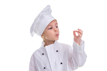 Girl chef white uniform isolated on white background, blowing to the fingers, Okay sign. Landscape image