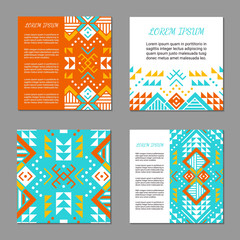 Aztec style colorful square card set. American indian pattern design. Ornamental collection with ethnic motifs. Tribal decorative flyer template. EPS 10 vector concept.