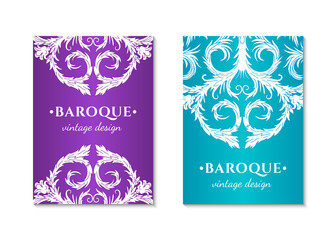 French baroque style elegant ornate visiting cards. Luxurious fashionable ornamental flyer design. Vintage fancy ornament decoration. Pathetic retro embellishment. EPS 10 vector brochure template