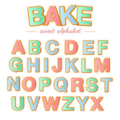 Baked color letters. Christmas gingerbread cookies alphabet, vector illustration.