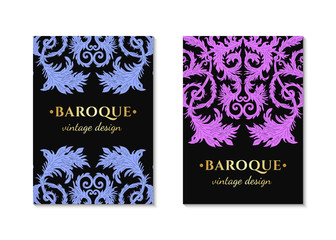 French baroque style elegant ornate visiting cards. Luxurious fashionable ornamental flyer design. Vintage fancy ornament decoration. Pathetic retro embellishment. EPS 10 vector brochure template