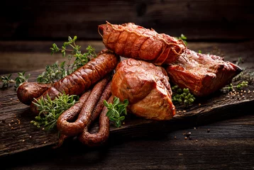 Wall murals Meat Smoked meats and sausages. A set of traditional smoked meats and sausages: ham,gammon, pork loin, home-style sausages, kabanosy. Traditional meats and sausages smoked in apple, beech and juniper wood 