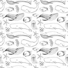 Seamless pattern with whales, orcs and other fishes. - obrazy, fototapety, plakaty