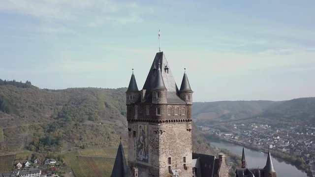 Cochem castle (Germany) and Mosel river aerial view.