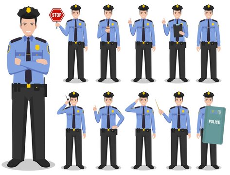 Police people concept. Detailed illustration of american policeman standing in different positions in flat style isolated on white background. Vector illustration.