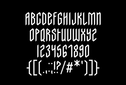 Powerful medieval condensed uppercase font, modern gothic stylized typography with uppercase letters, numbers, punctuation and ink handwritten black letters with Scandinavian geometric ornaments
