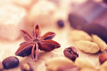 Macro shot of badian with chocolate, brown sugar and coffee beans.