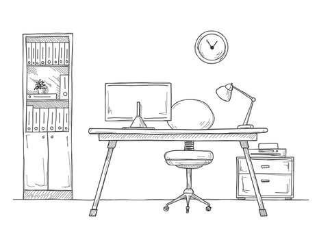 Sketch the room. Office chair, desk, various objects on the table. Sketch workspace.