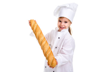 Happy smiling chef girl in a cap cook uniform, advertising the long loaf of bread. Looking at the camera. Landscape image